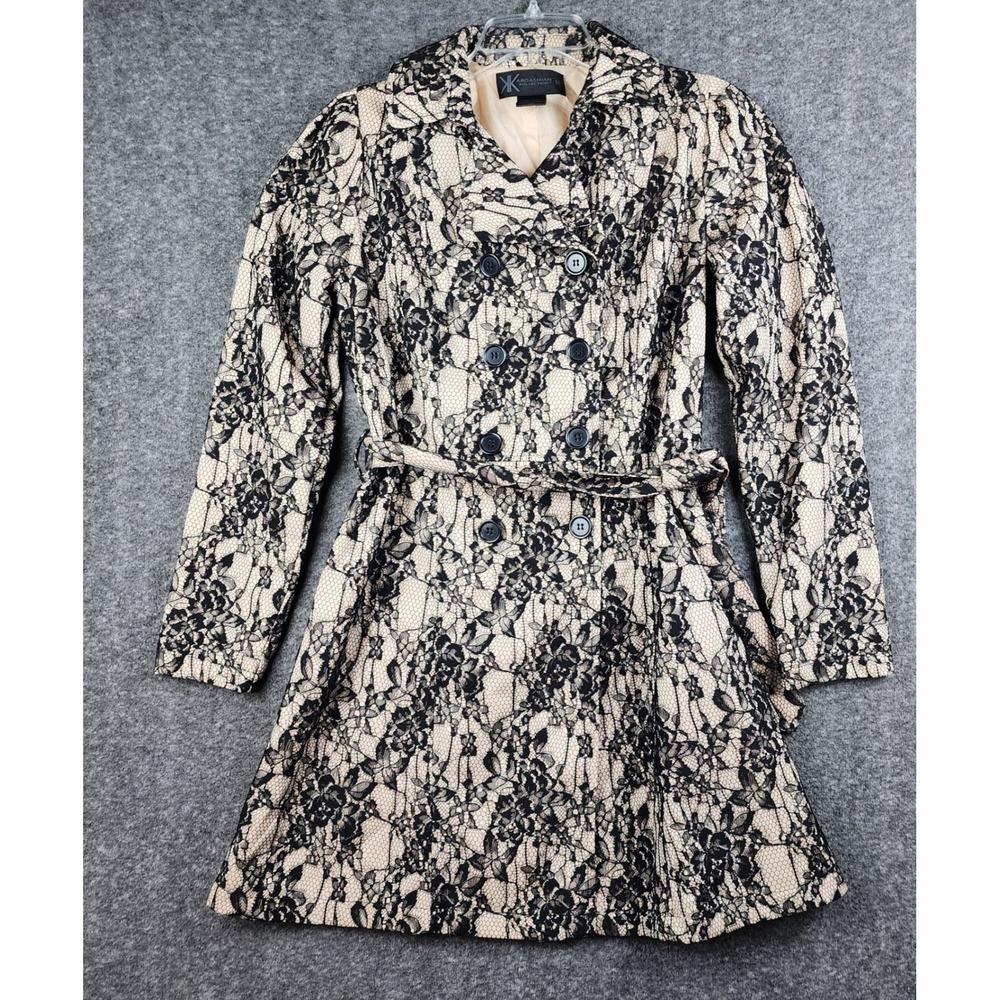 Kardashian Kollection Trench Coat Womens Medium Black Nude Lace Double‎ Breasted